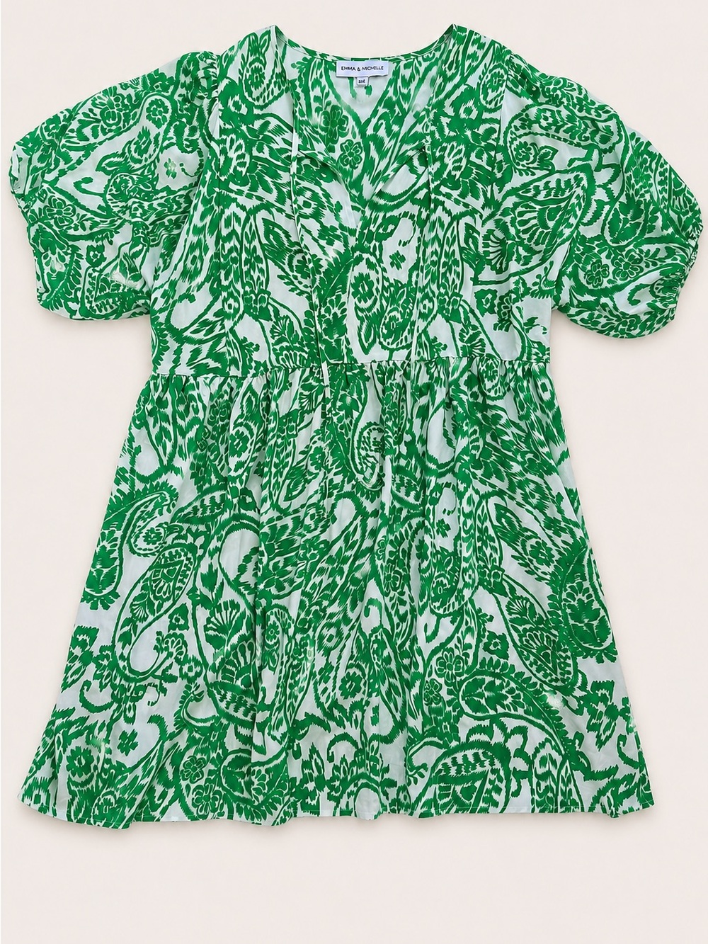 Emma & Michele 3X Green White Paisley Print Dress Puff Sleeve Plus Size